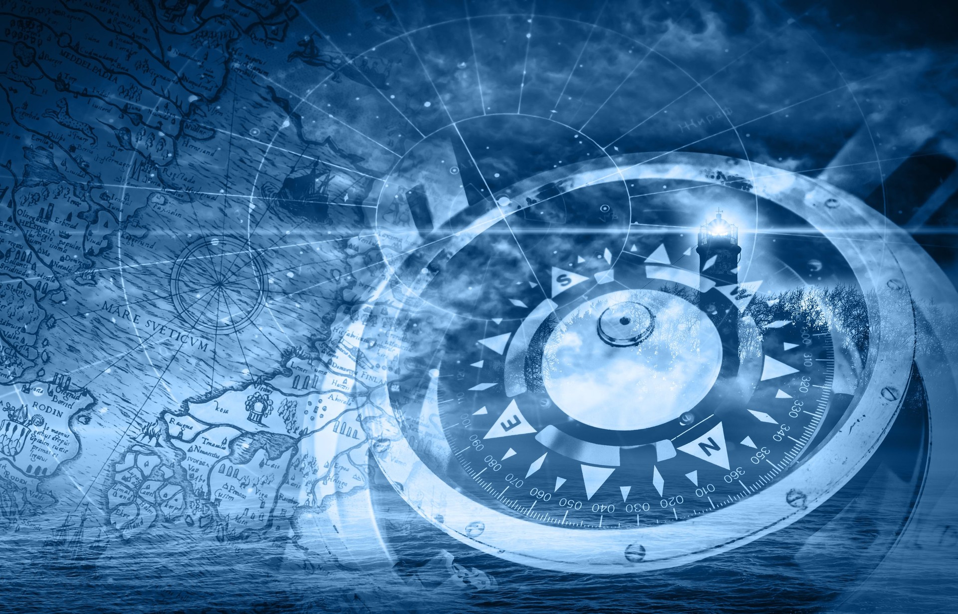 Blue ships navigation illustration with compass, lighthouse and Blue ships navigation illustration with compass, lighthouse and